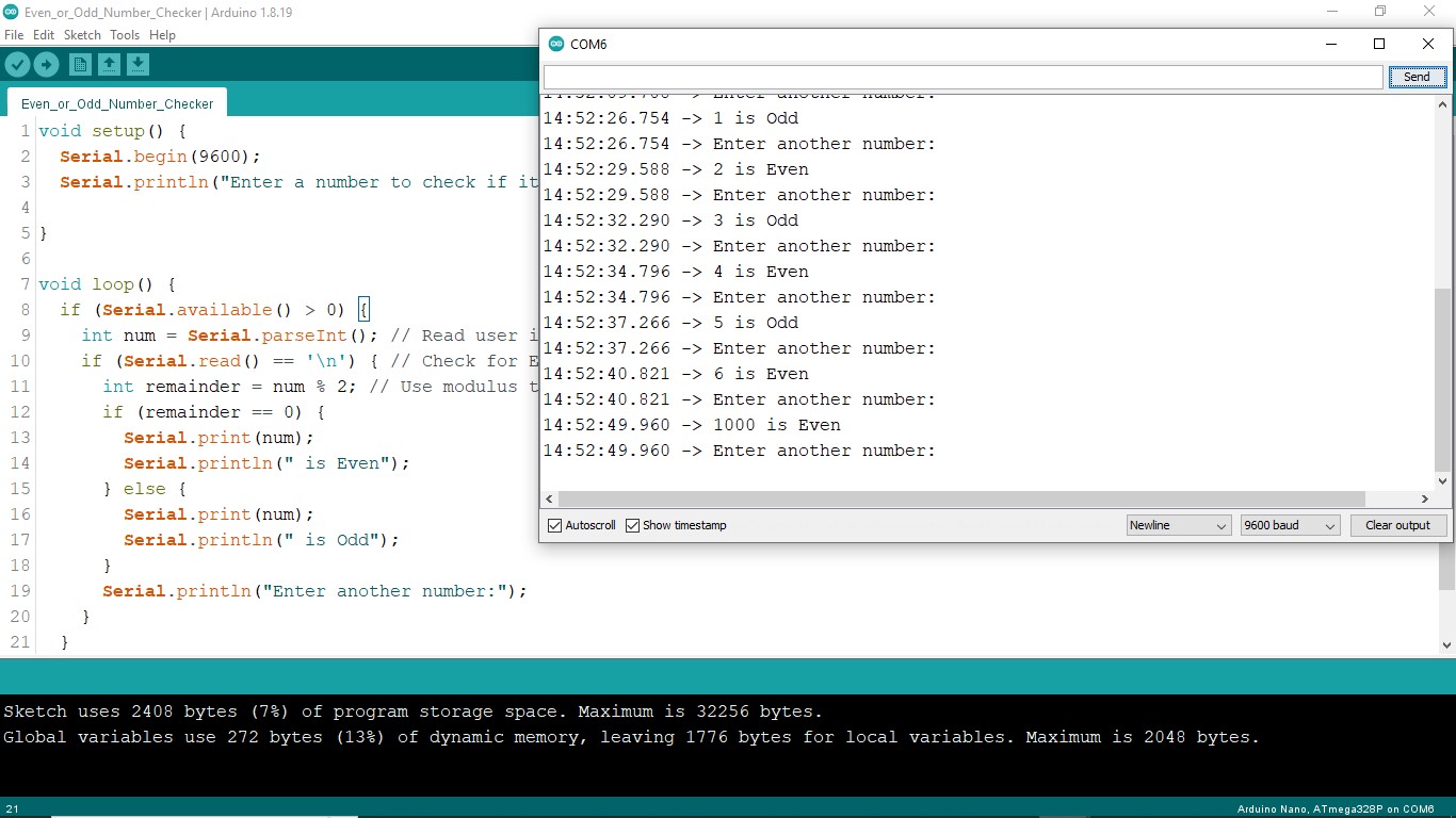 Arduino Math Operators Even or Odd Number Checker