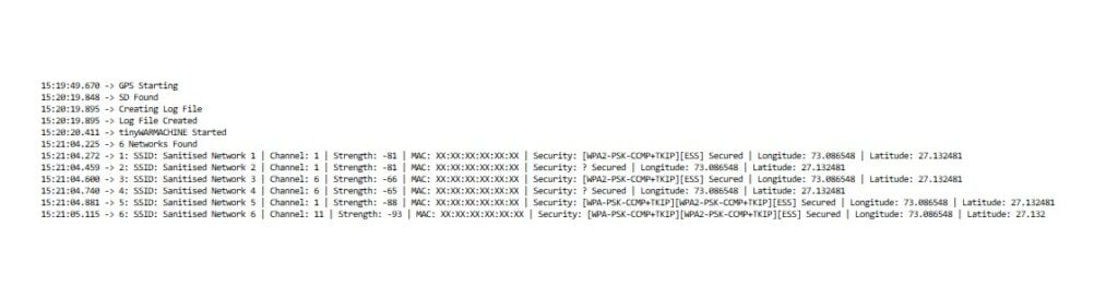 Arduino War Driving Serial Monitor Log