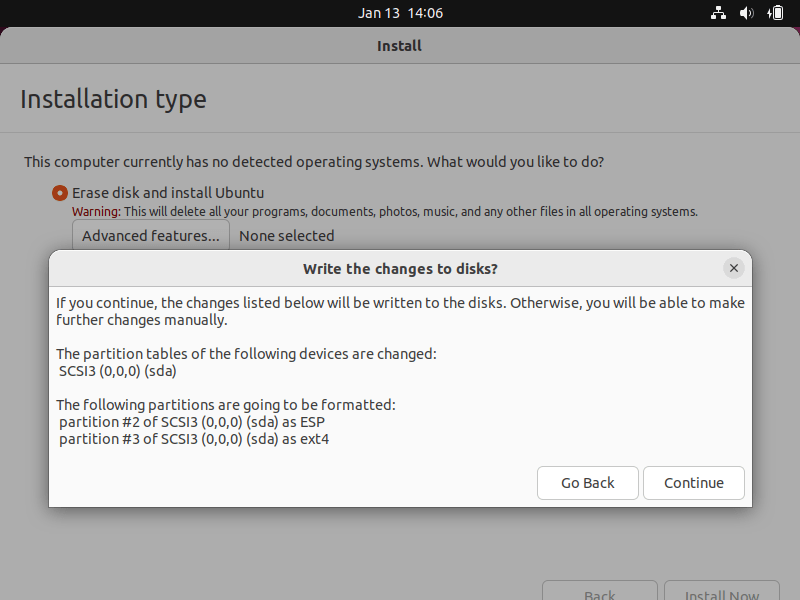 Ubuntu Install Guide - Select Continue to Confirm Changes