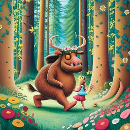 cartoon style image of a young girl walking alongside a Gruffalo