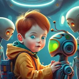 cartoon style image of a young boy with a robot and aliens