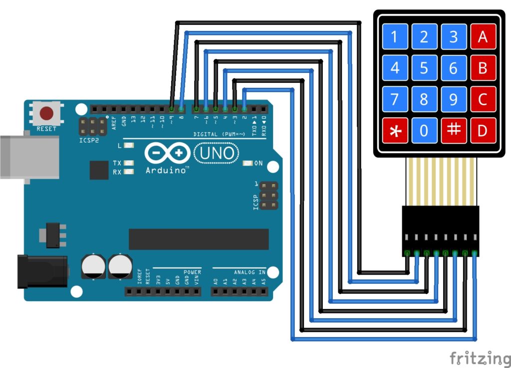 4x4 membrane switch keypad module with Arduino Diagram