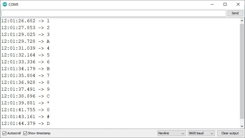 serial monitor output for the membrane keypad