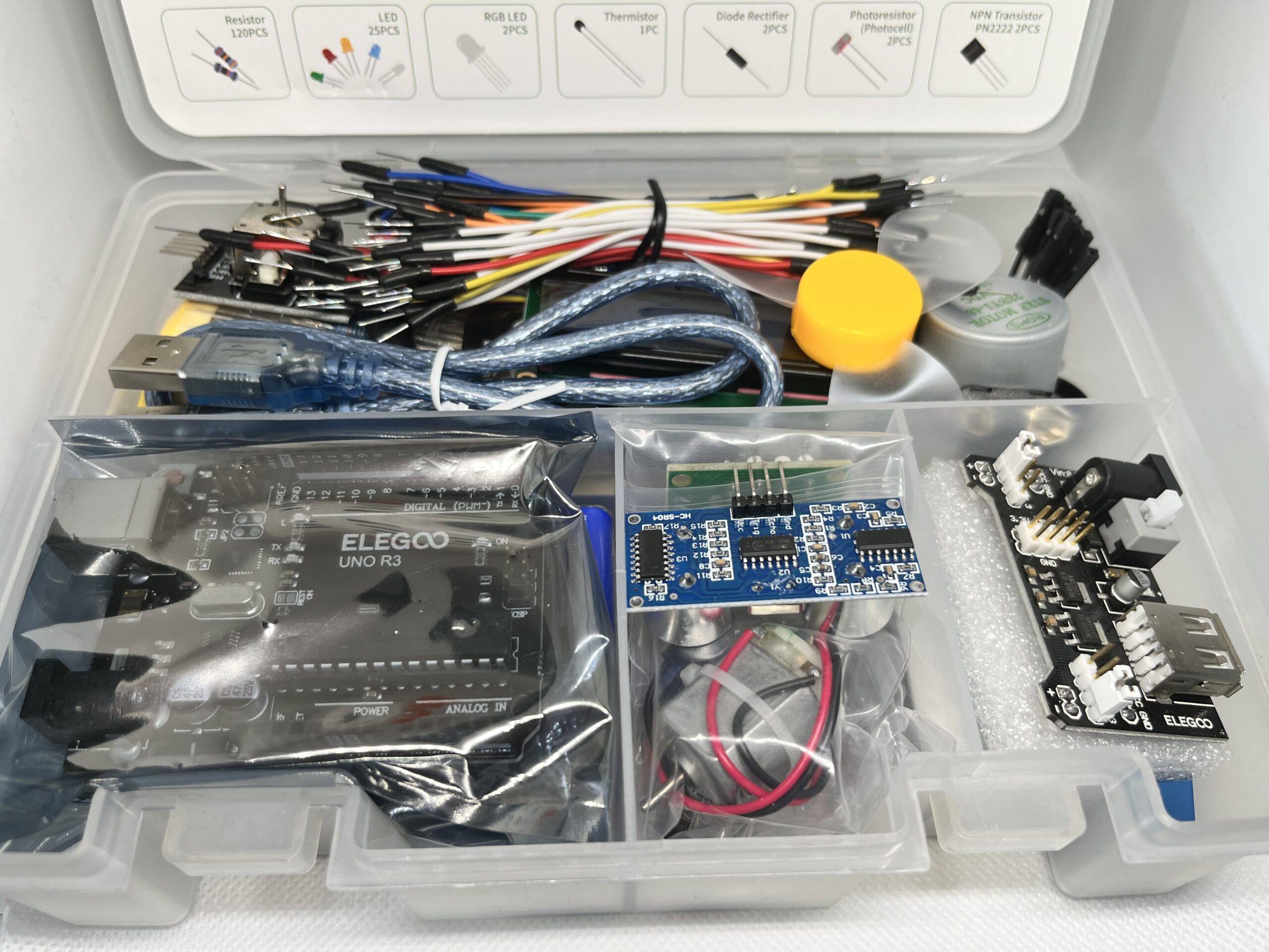 The Elegoo Super Starter Kit is full of common electronic components